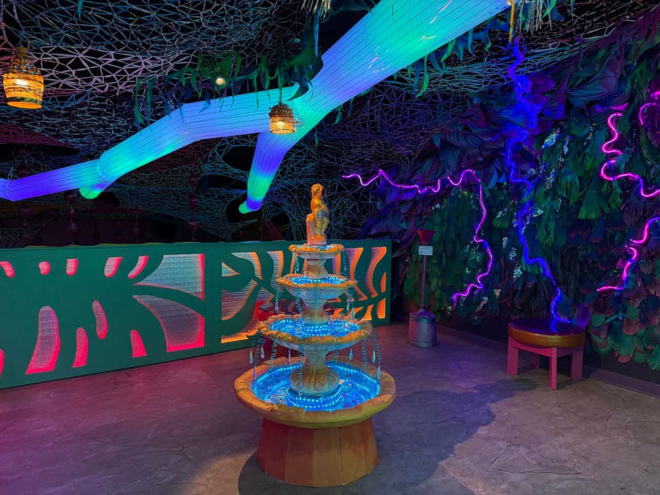 Glowing fountain, light up walls, and indoor plants with glowing light designs
