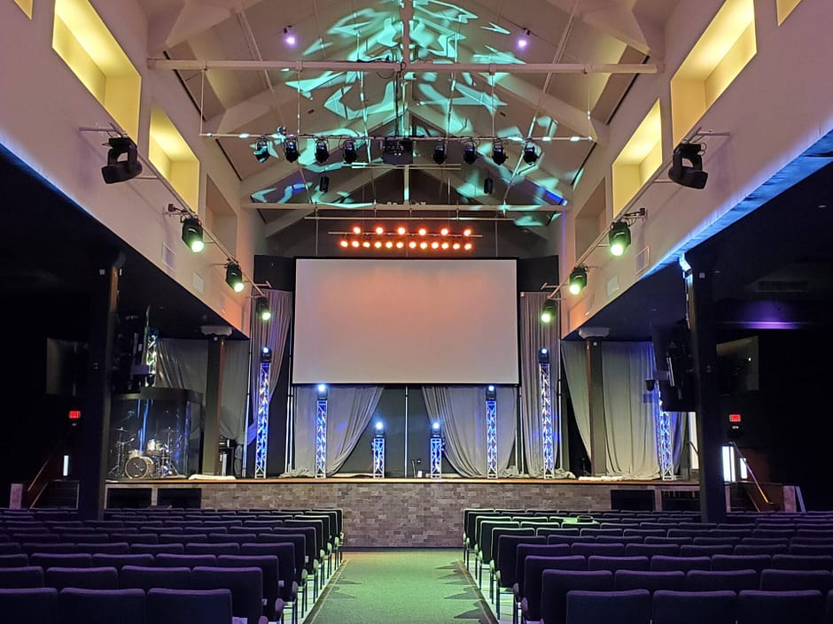 Church stage with decorative lighting